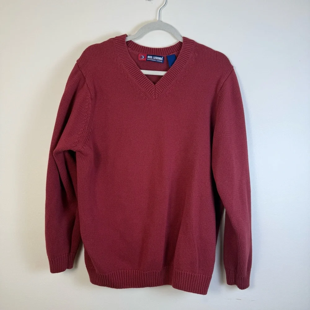 Reel Legends Men‎ Maroon V-Neck Sweater Fisherman 100% Cotton Ribbed Knitwear XL